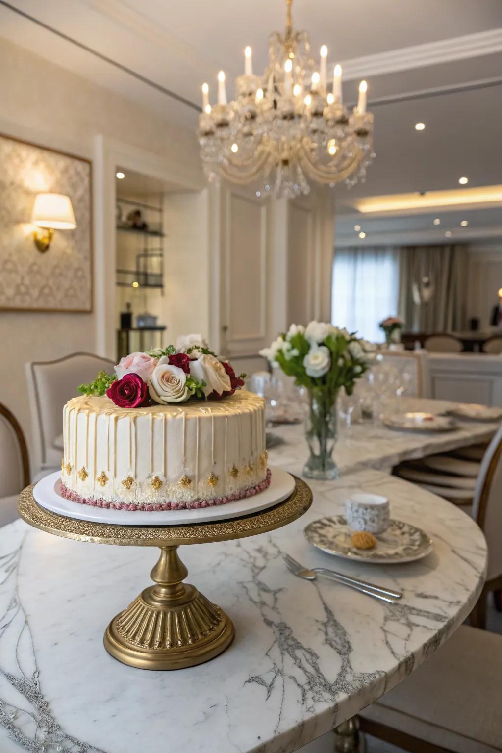 A stylish cake stand that complements any birthday cake.