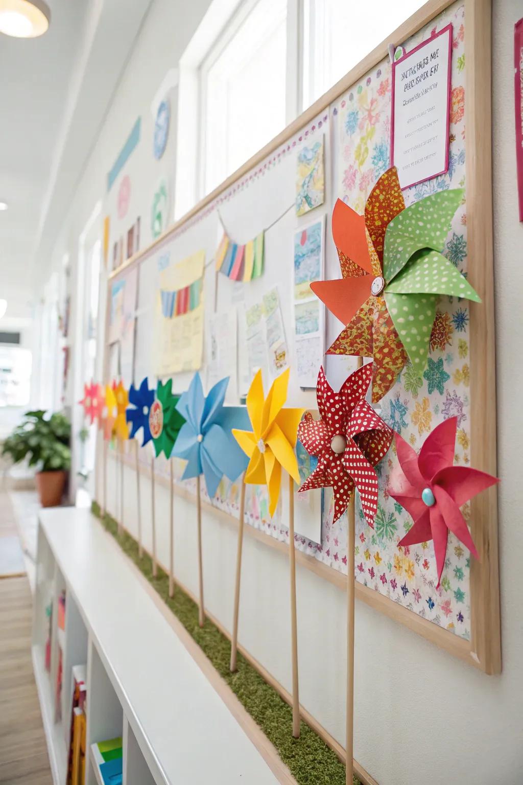 A lively bulletin board decorated with colorful pinwheels.