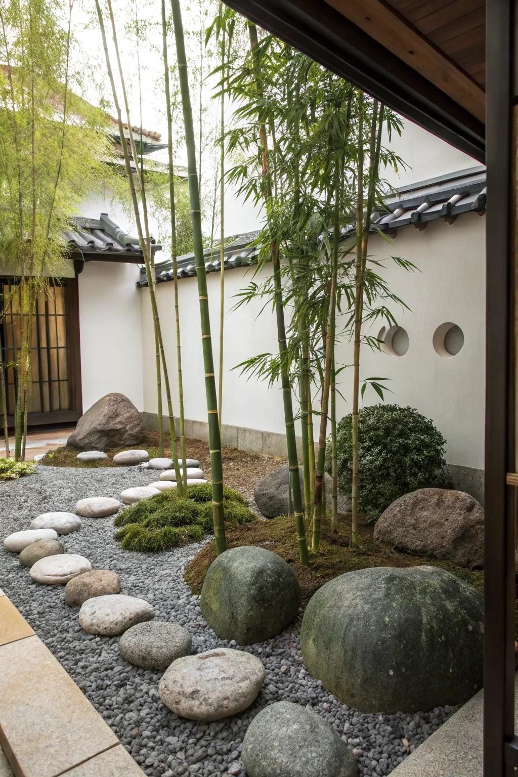 A meditation garden featuring stones and bamboo delivers a serene sanctuary for contemplation.