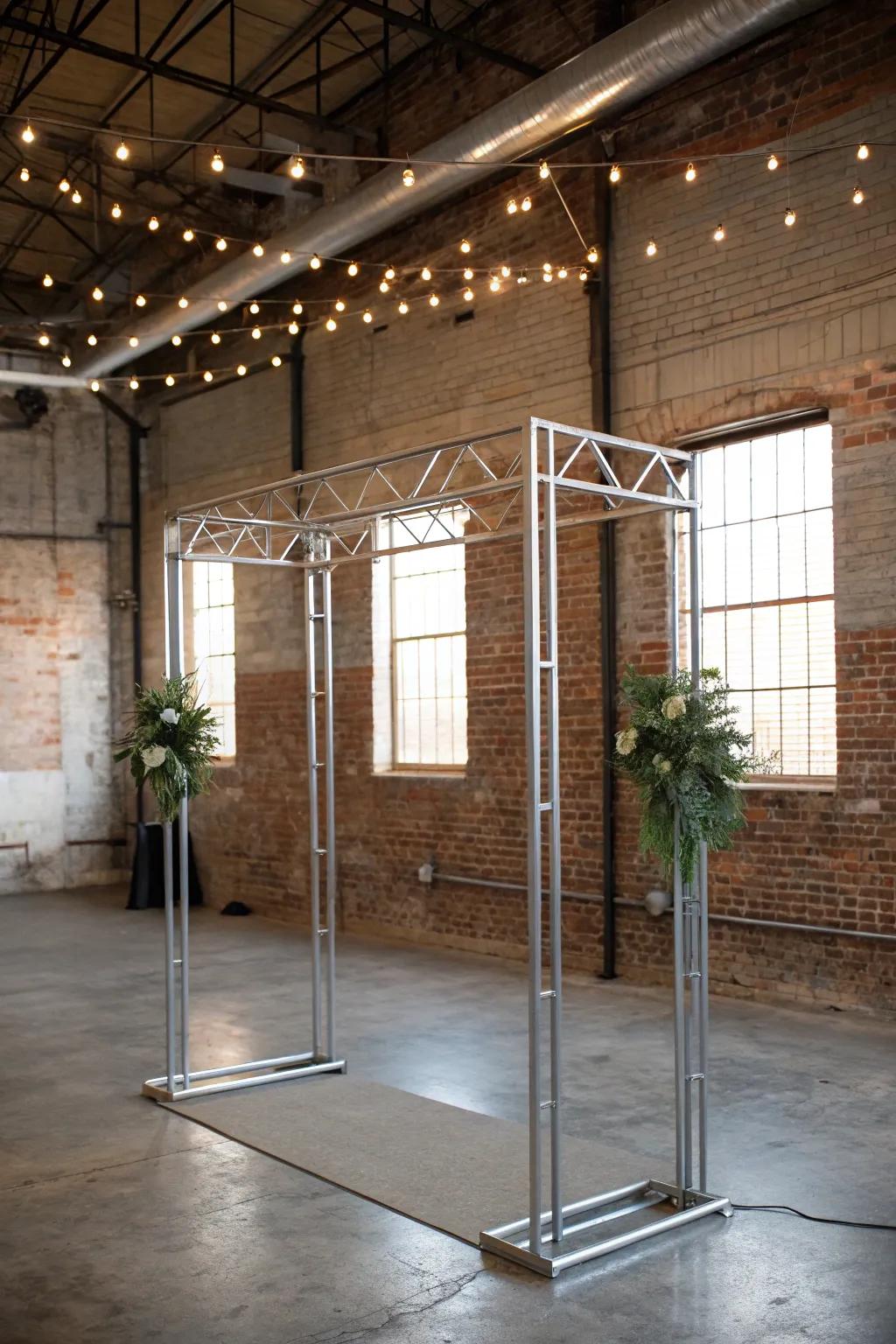 A modern metallic square arch situated in an urban loft setting.