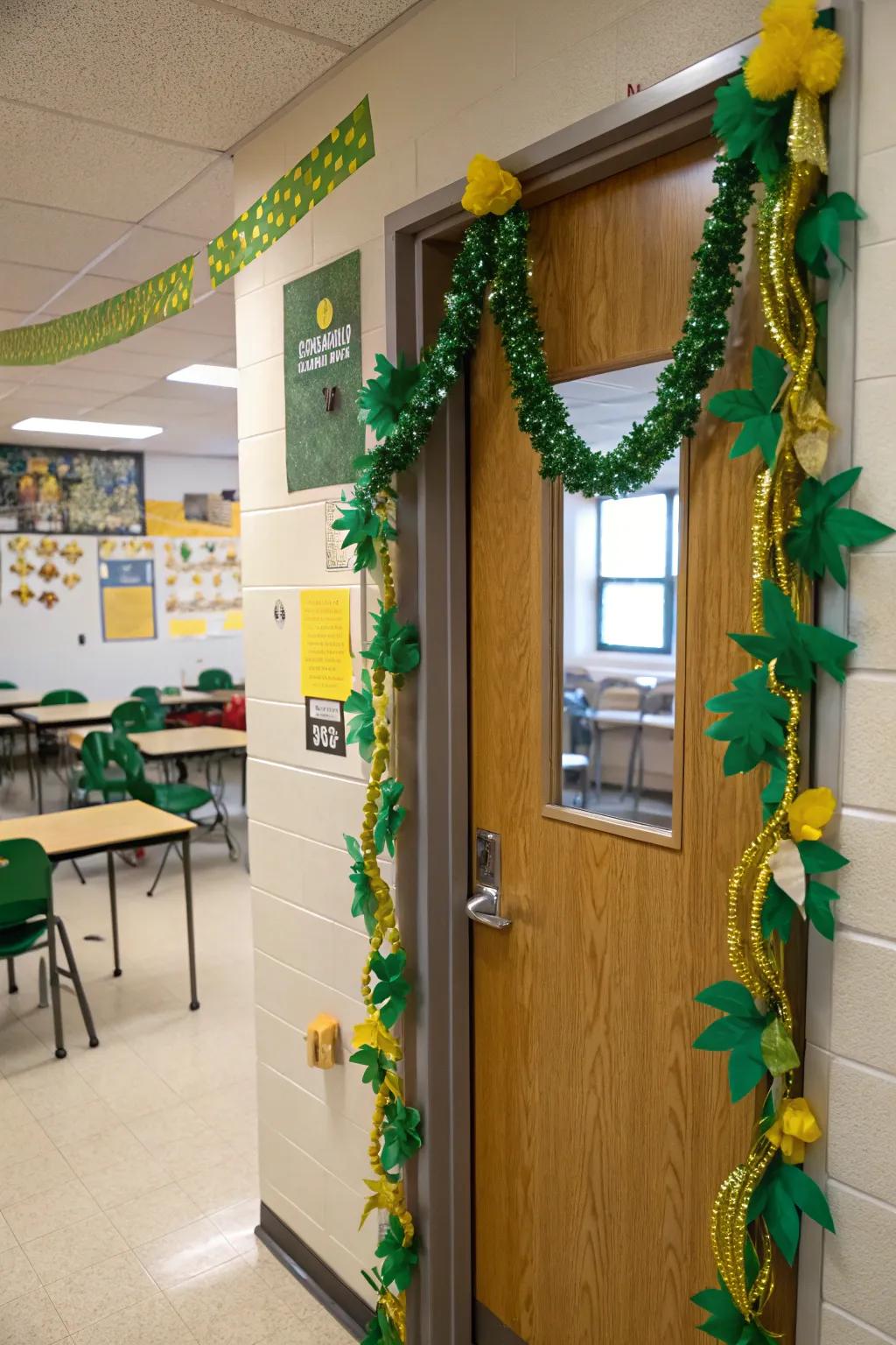 A classroom door tastefully adorned in verdant and gilded elements for St. Patrick's festivities.