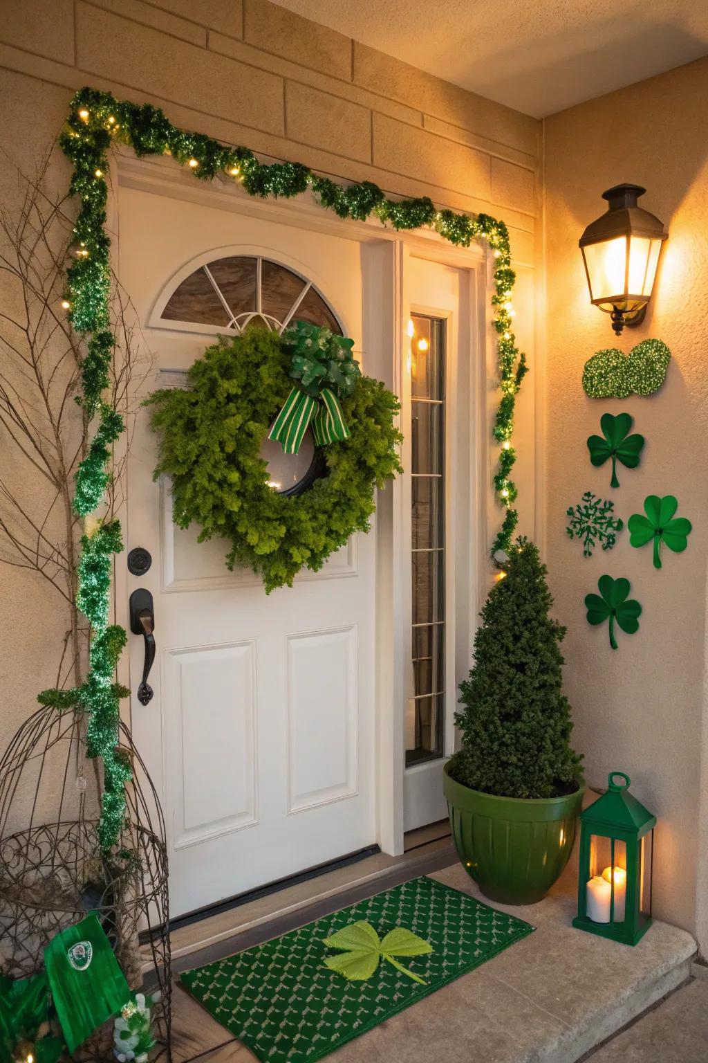 Construct an inviting entryway using St. Patrick's Day ornaments.