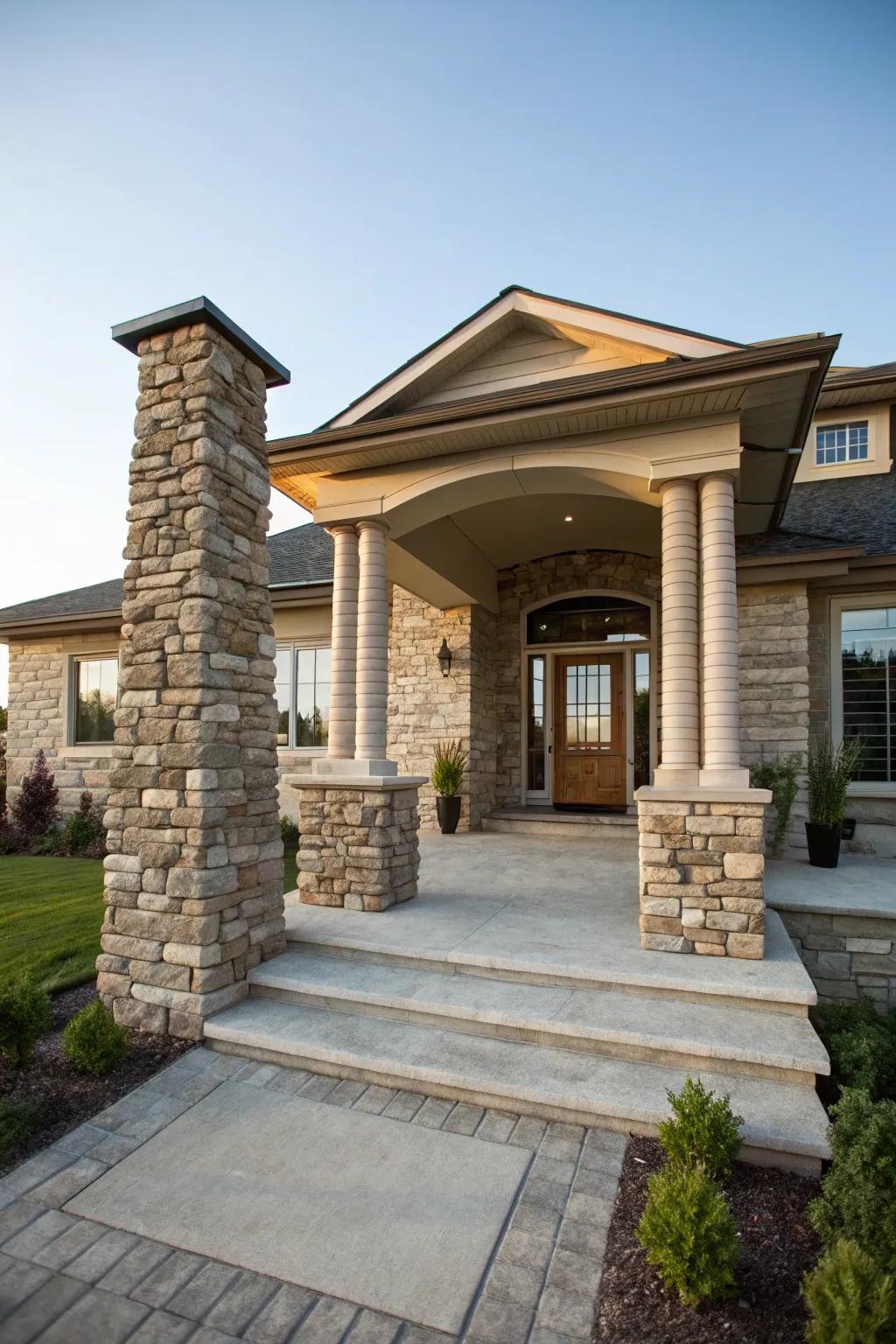 Stacked stone pillars provide a graceful accent to this home's doorway.