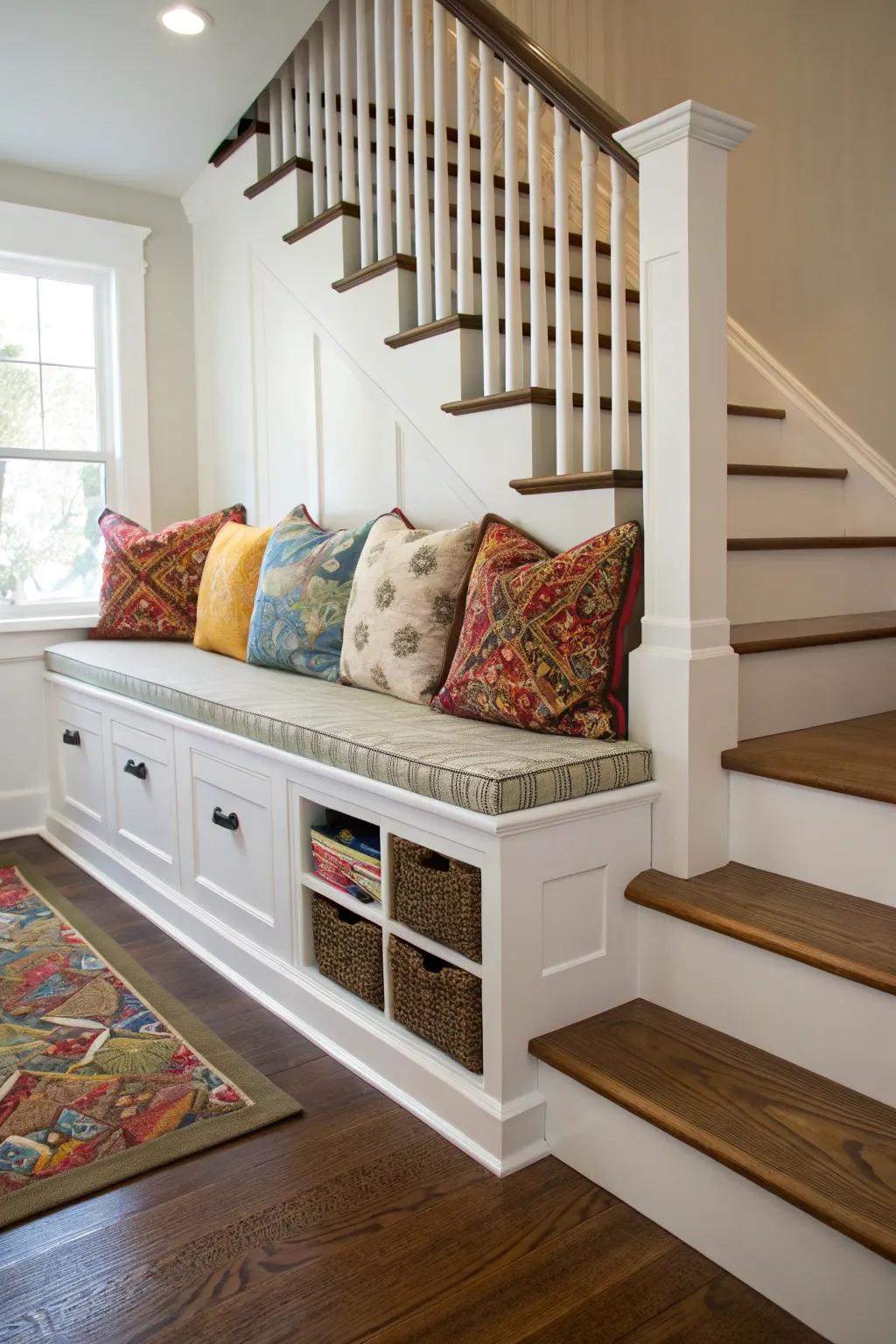 Your stair landing will have both sitting and useful storage space thanks to a built-in bench.