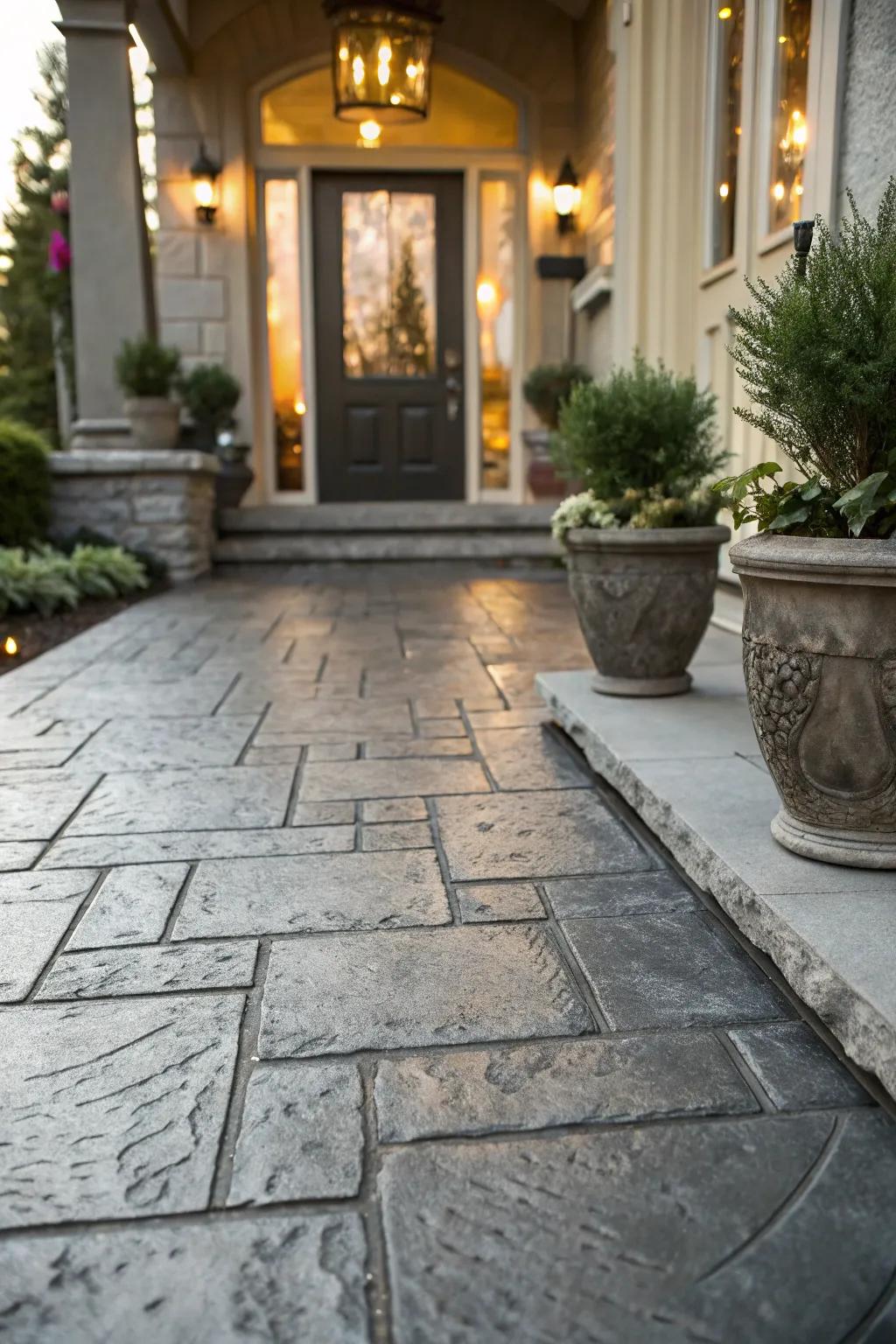 Stone-patterned concrete imparts classic elegance to this entranceway.