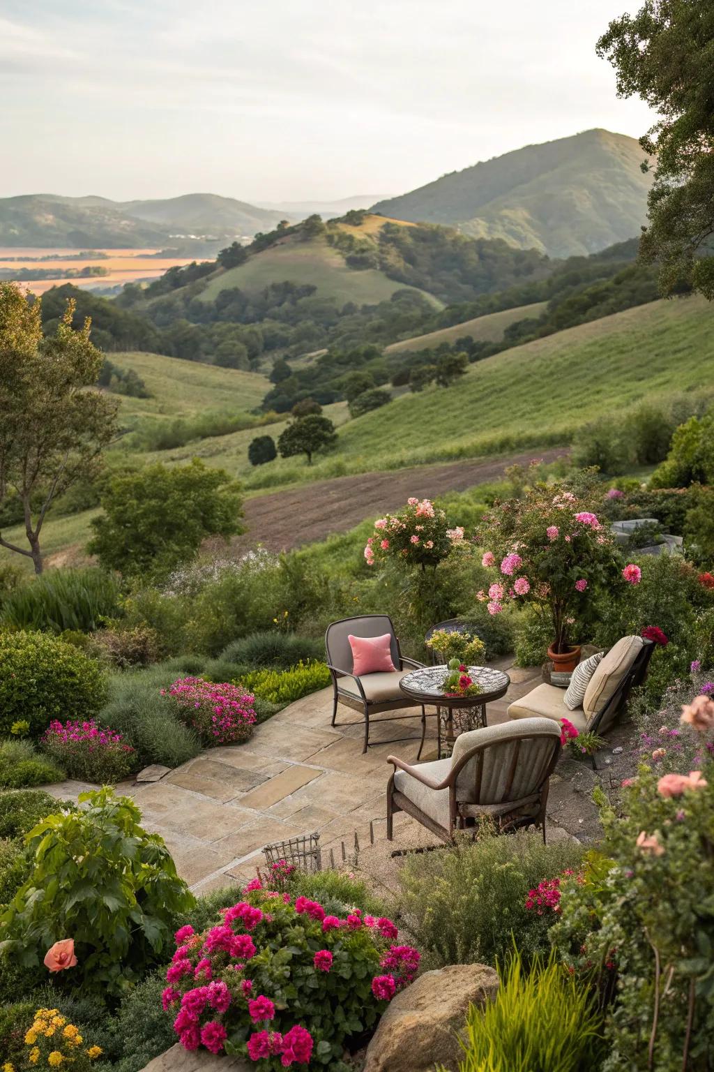 Establish a tranquil location to revel in the charm of your hillside garden.