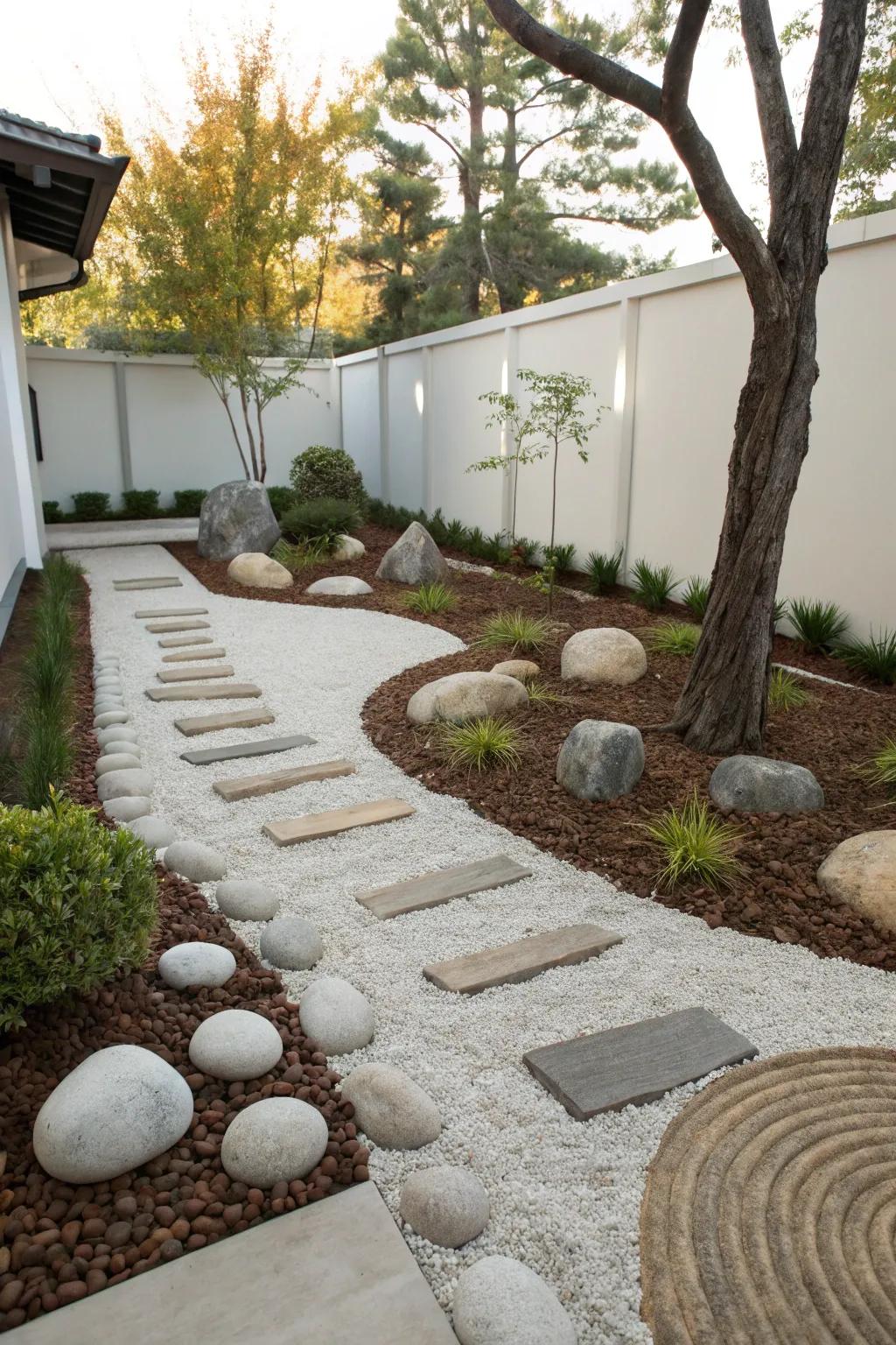 Embrace simplicity with understated stone and mulch compositions.