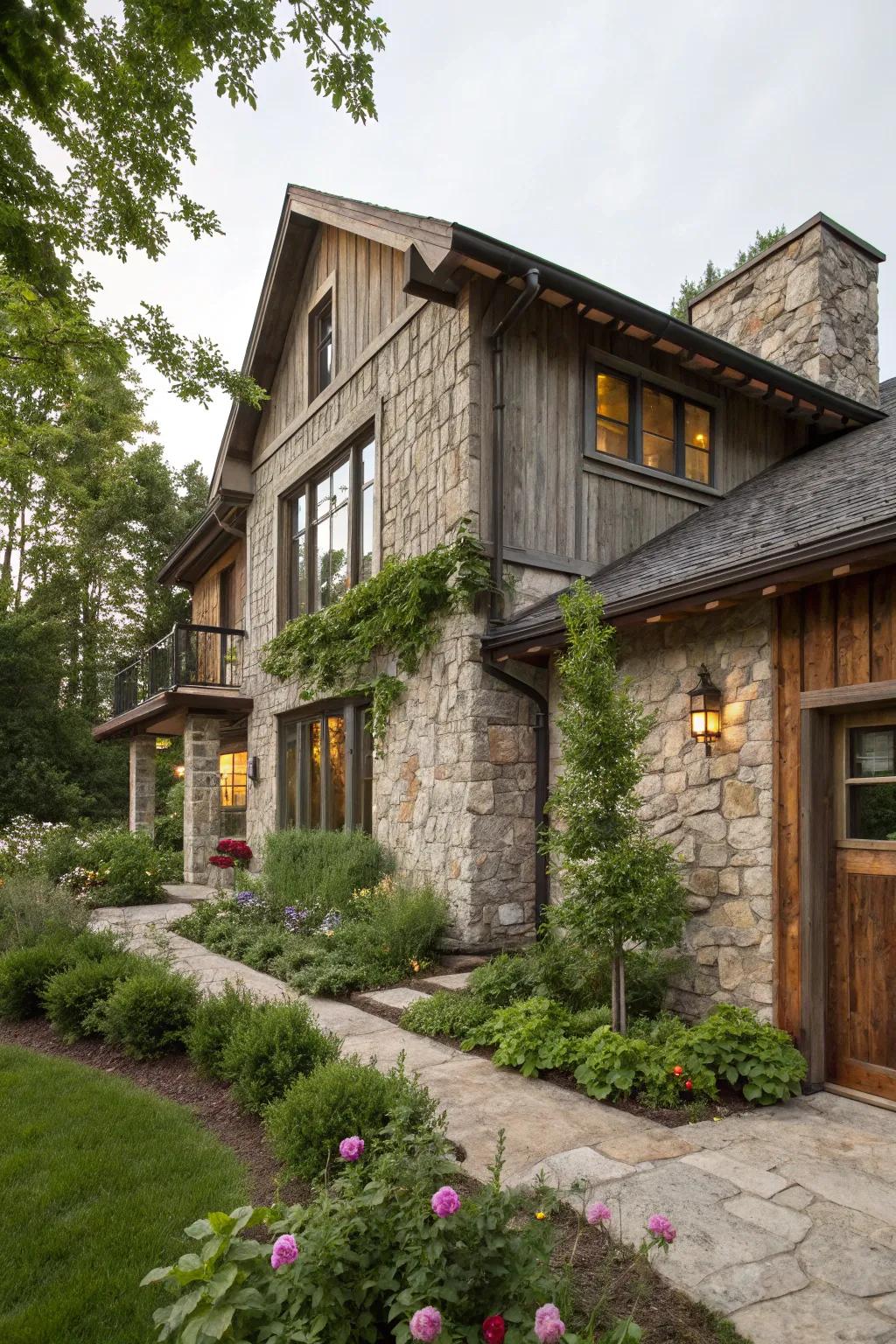 A balanced home facade merging rock and lumber.