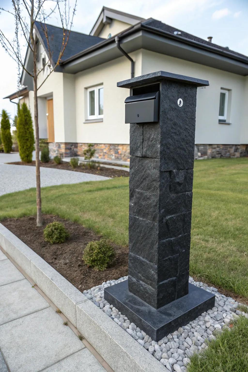A striking dark rock mailbox pillar that makes a bold statement.