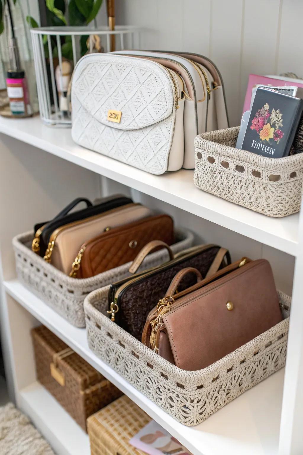Handbags stored in decorative baskets on a shelf.
