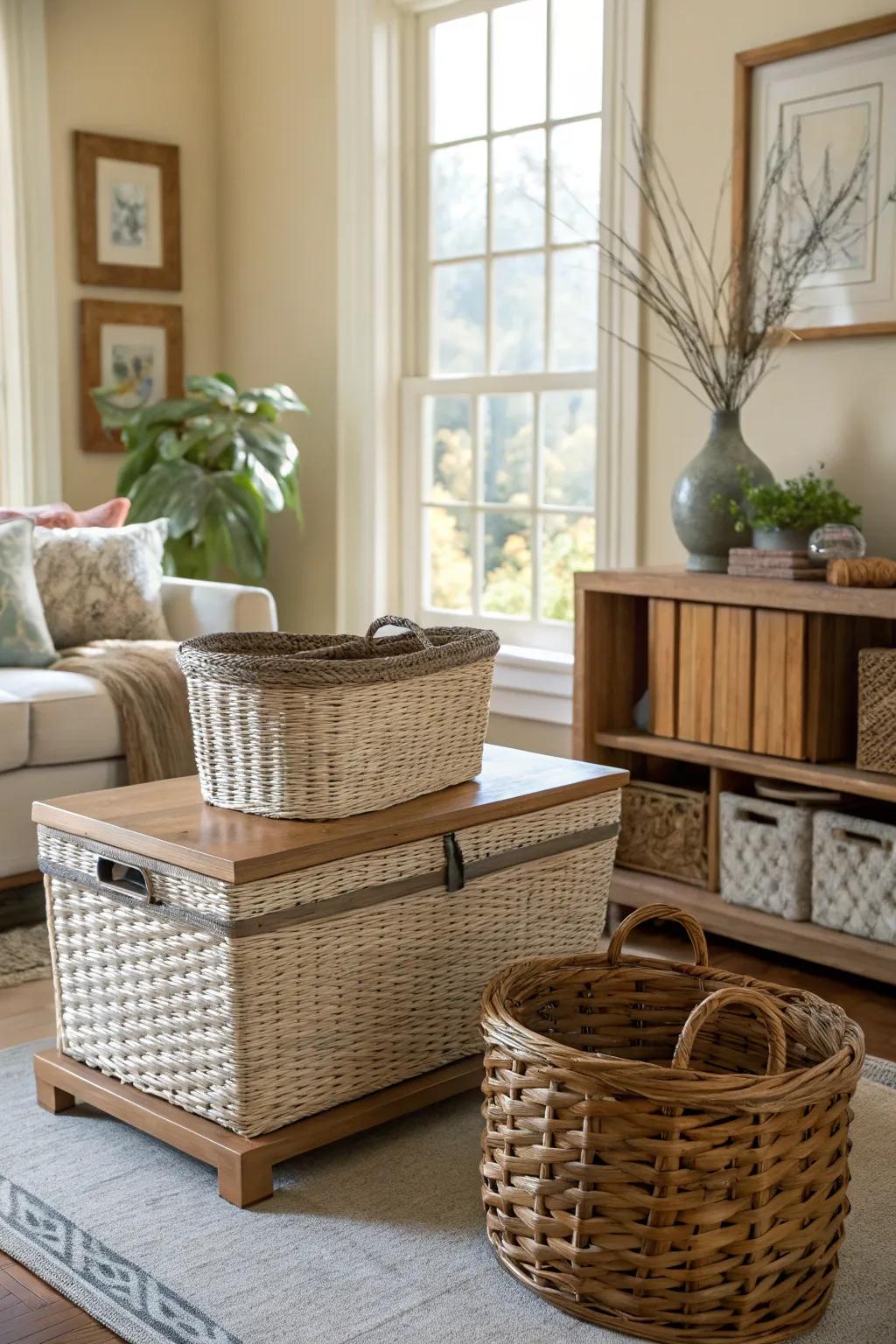 Living room with woven containers for storage.