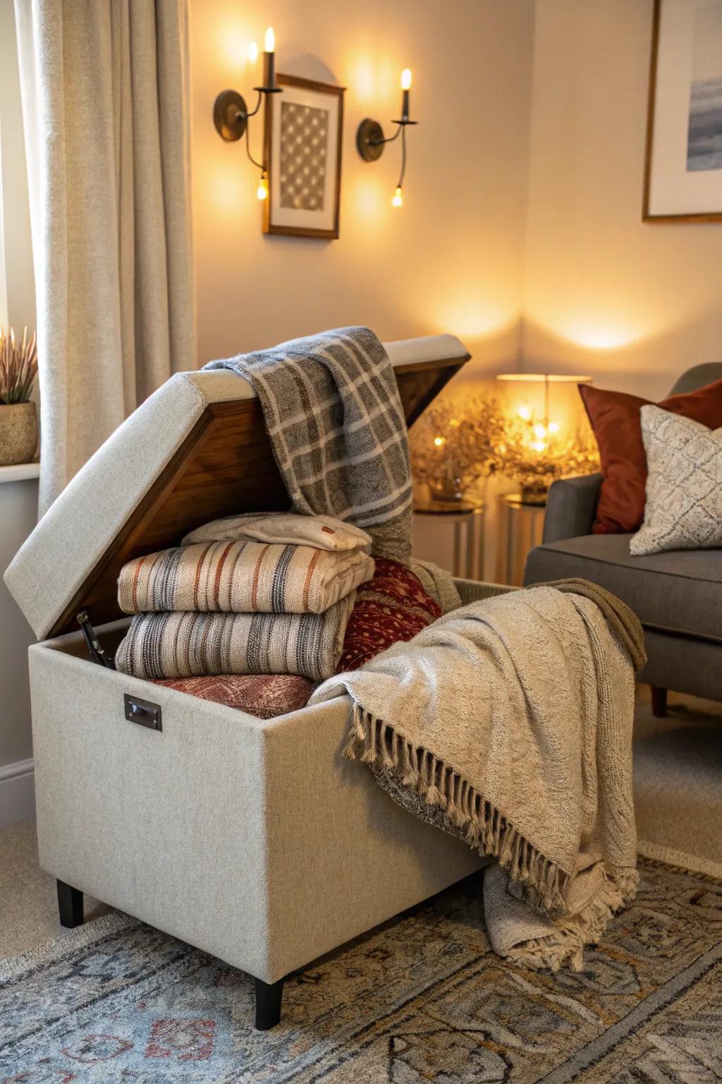 Furniture with concealed storage offers a fashionable solution.