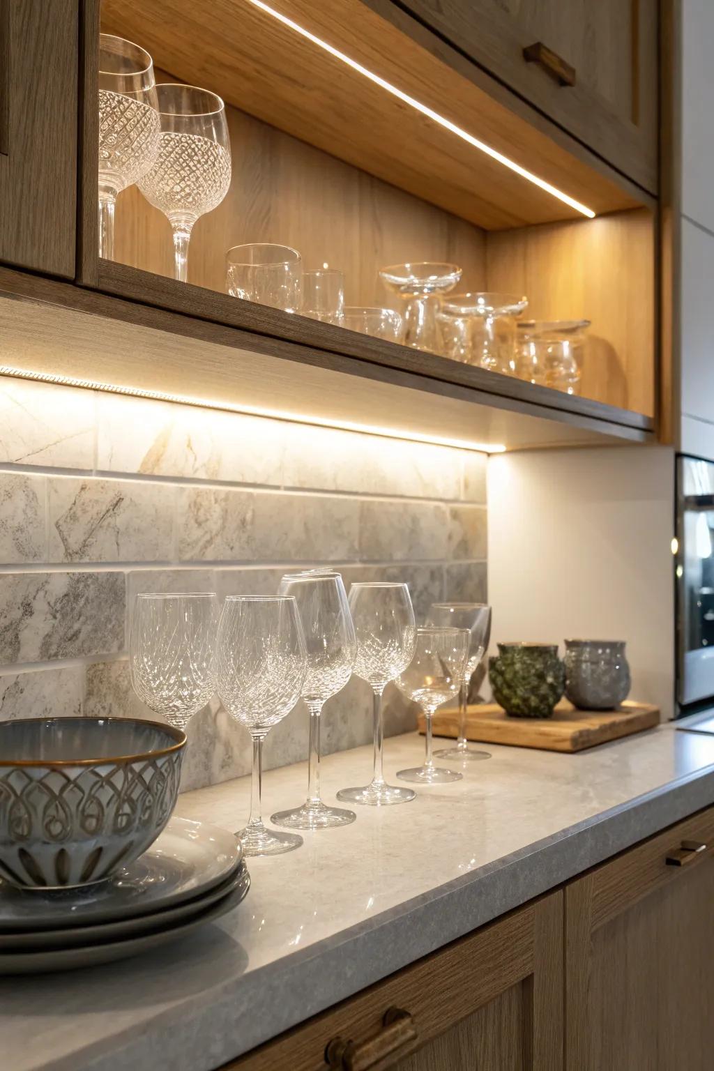 Lighting under the cabinet improves visibility and emphasizes the glassware.