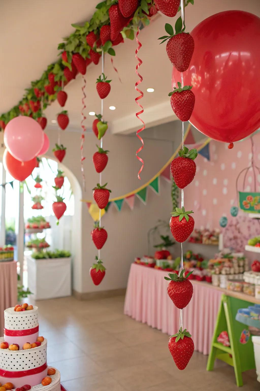 A joyful party arrangement featuring strawberries as decorative highlights.