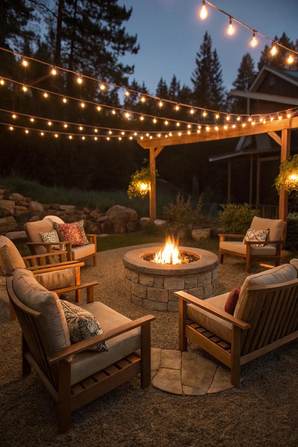 Braided lights subtly delineate the fire pit zone.