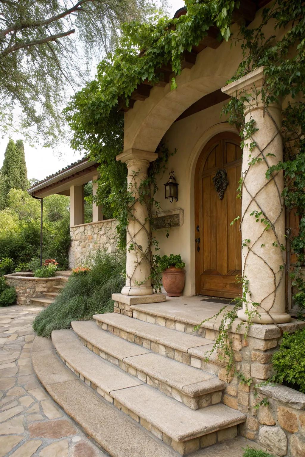 Natural stone features add style to the stucco porch.