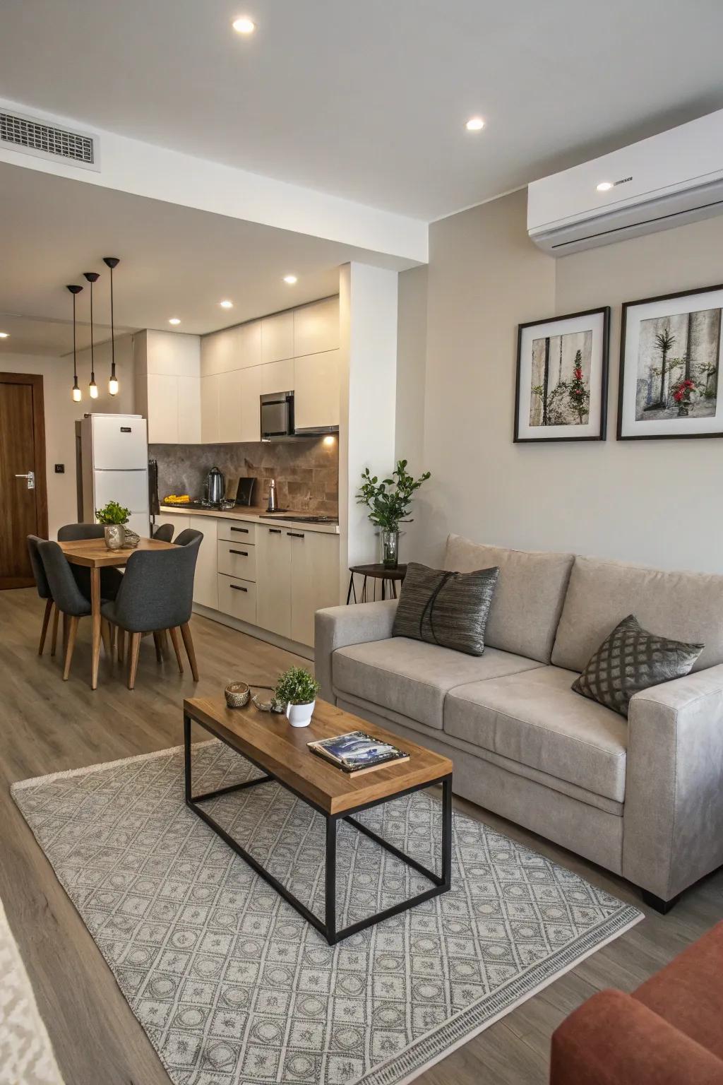 Furniture setup naturally divides living spaces.