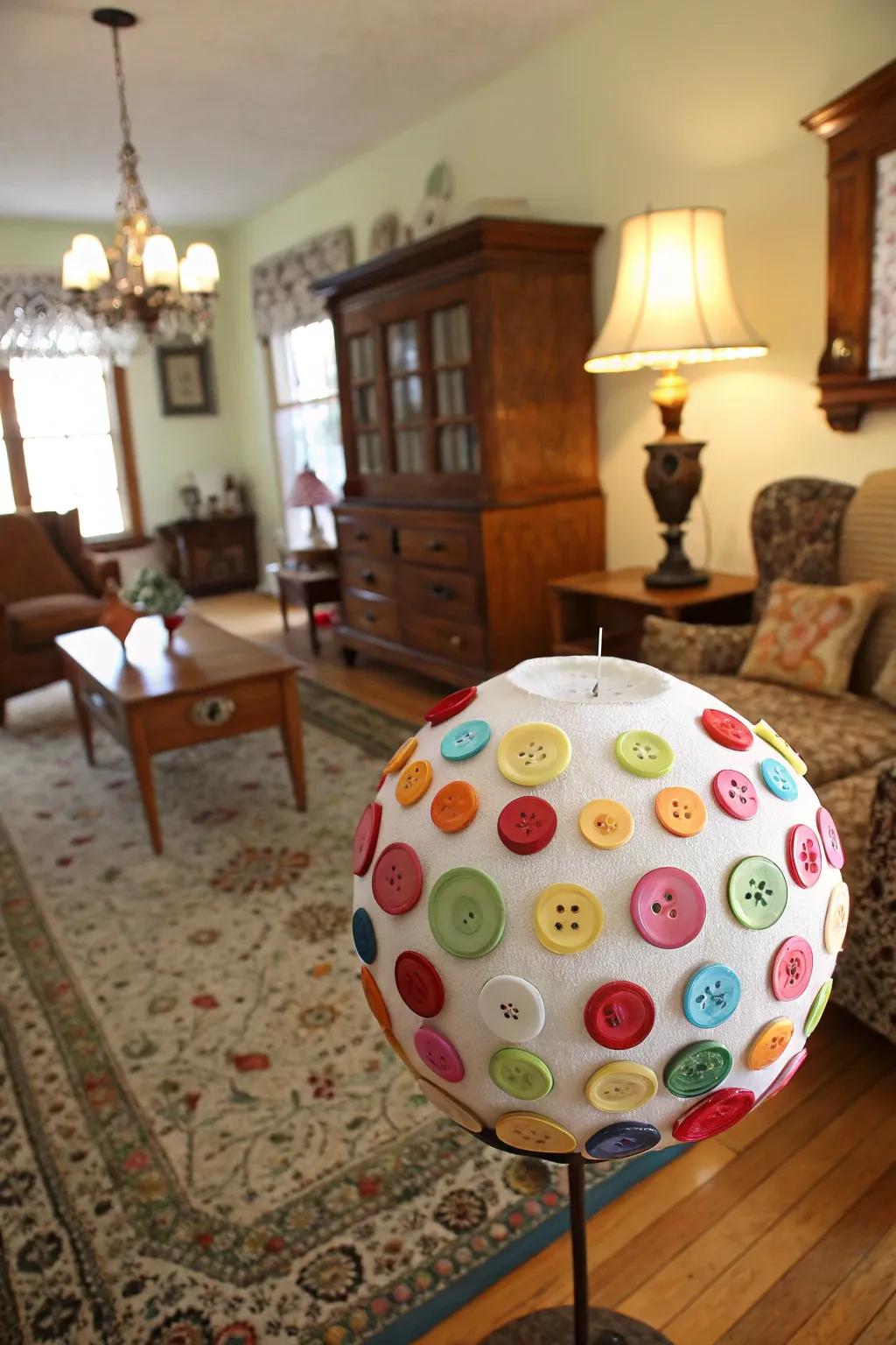Ornaments decorated with buttons introduce a spirited and palpable dimension.