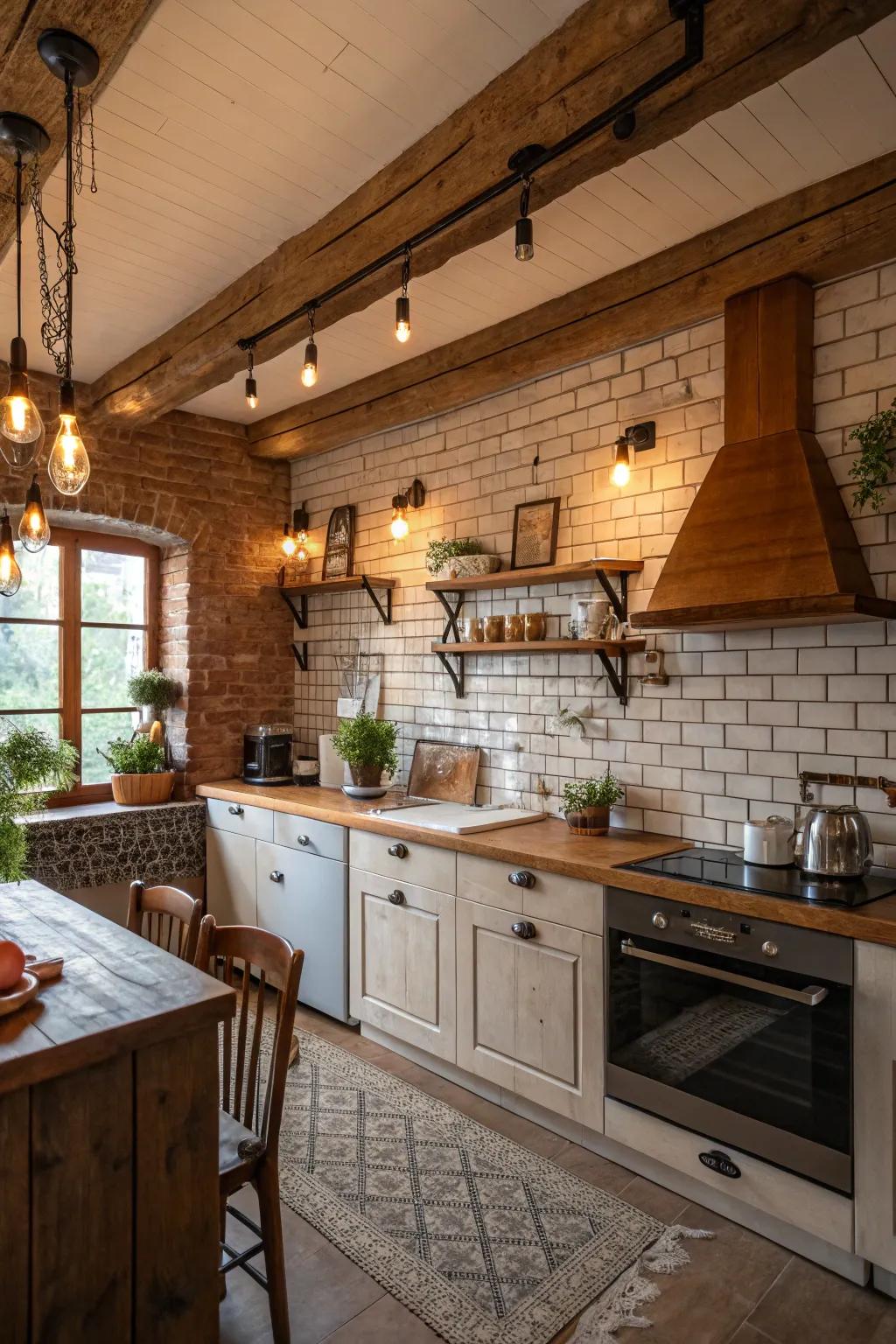 Stone-style elongated tiles add warmth and country charm to this cooking space.
