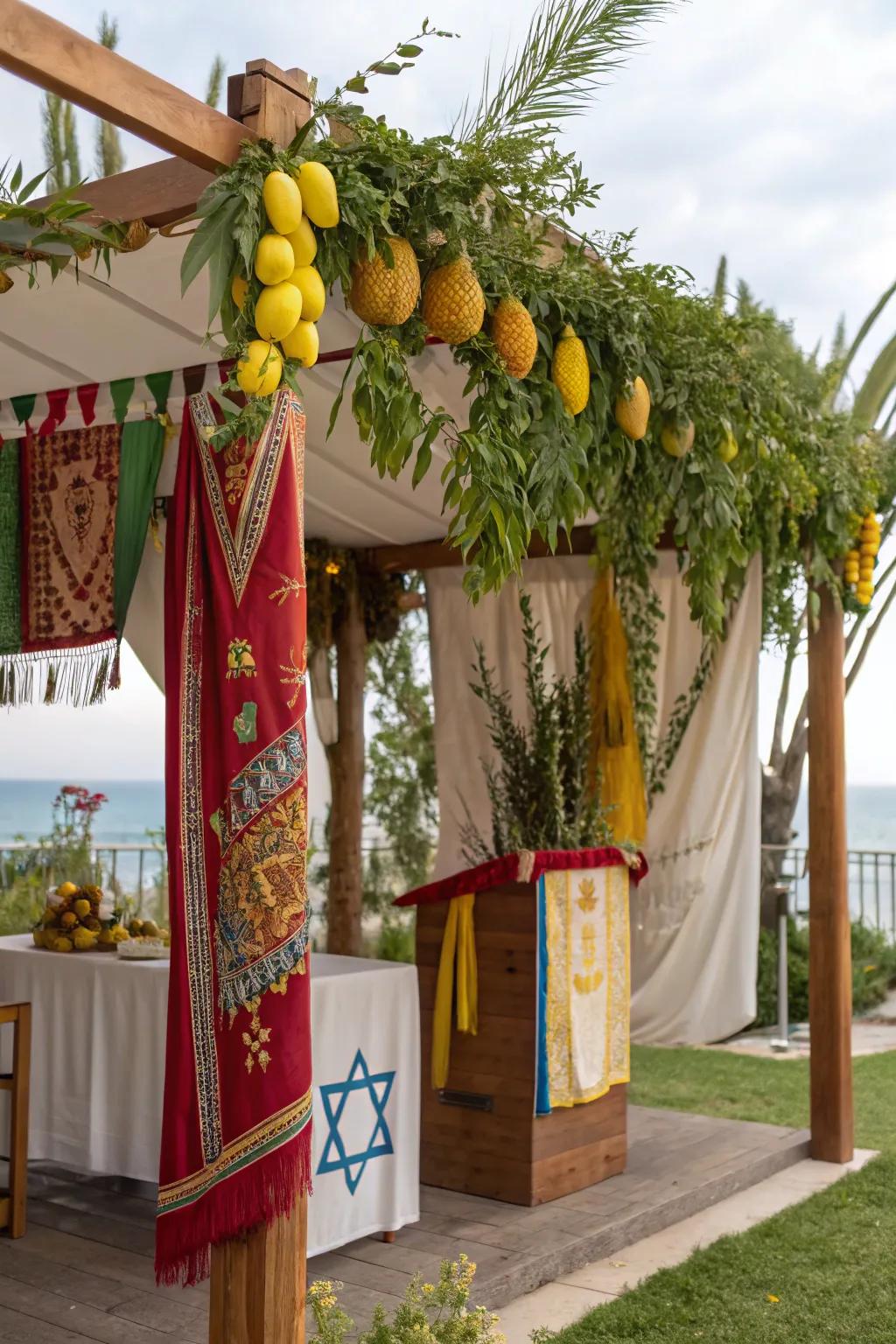 A culturally rich sukkah displaying traditional symbols like the etrog and lulav.