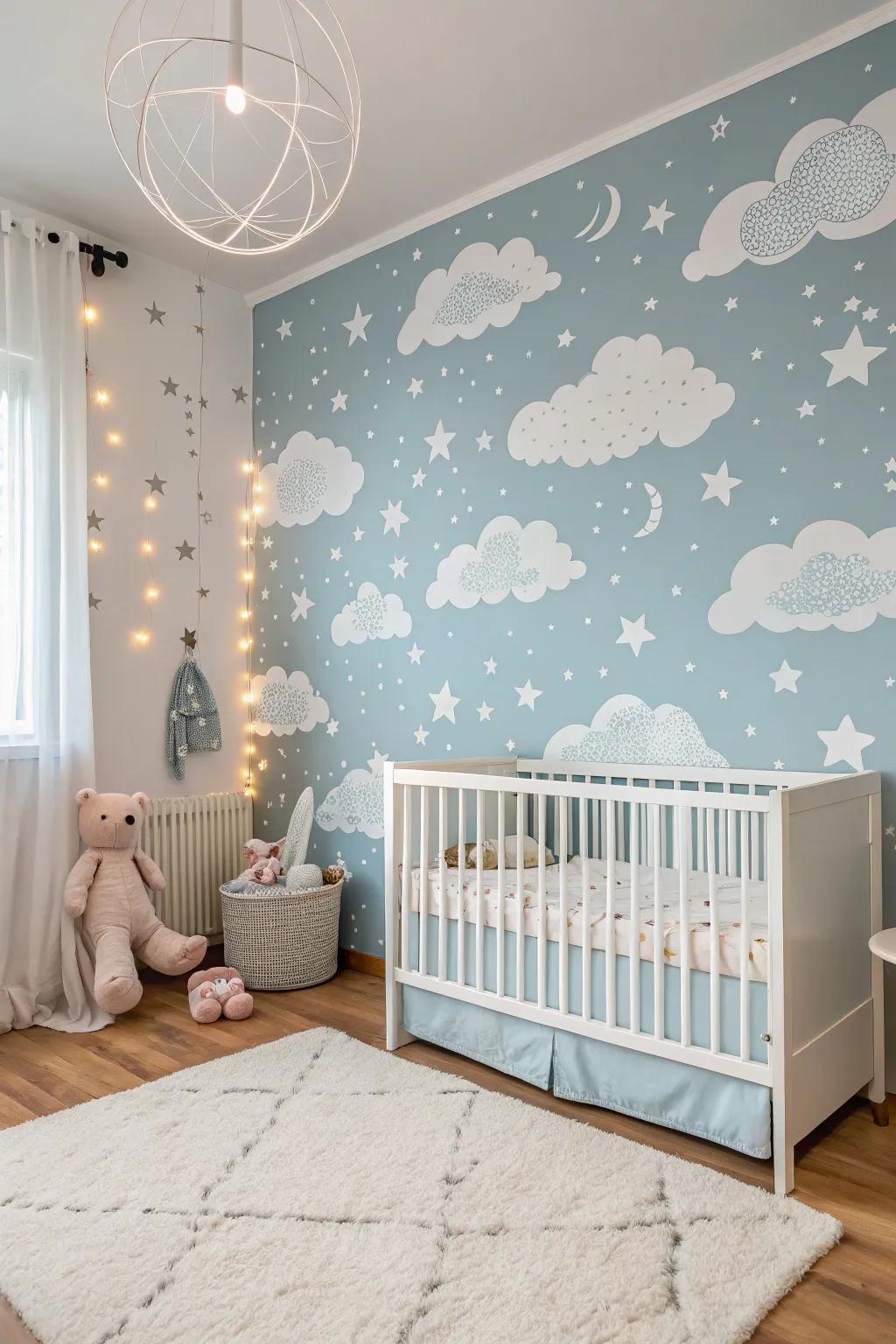 Design an airy space with sky-inspired wallpaper.