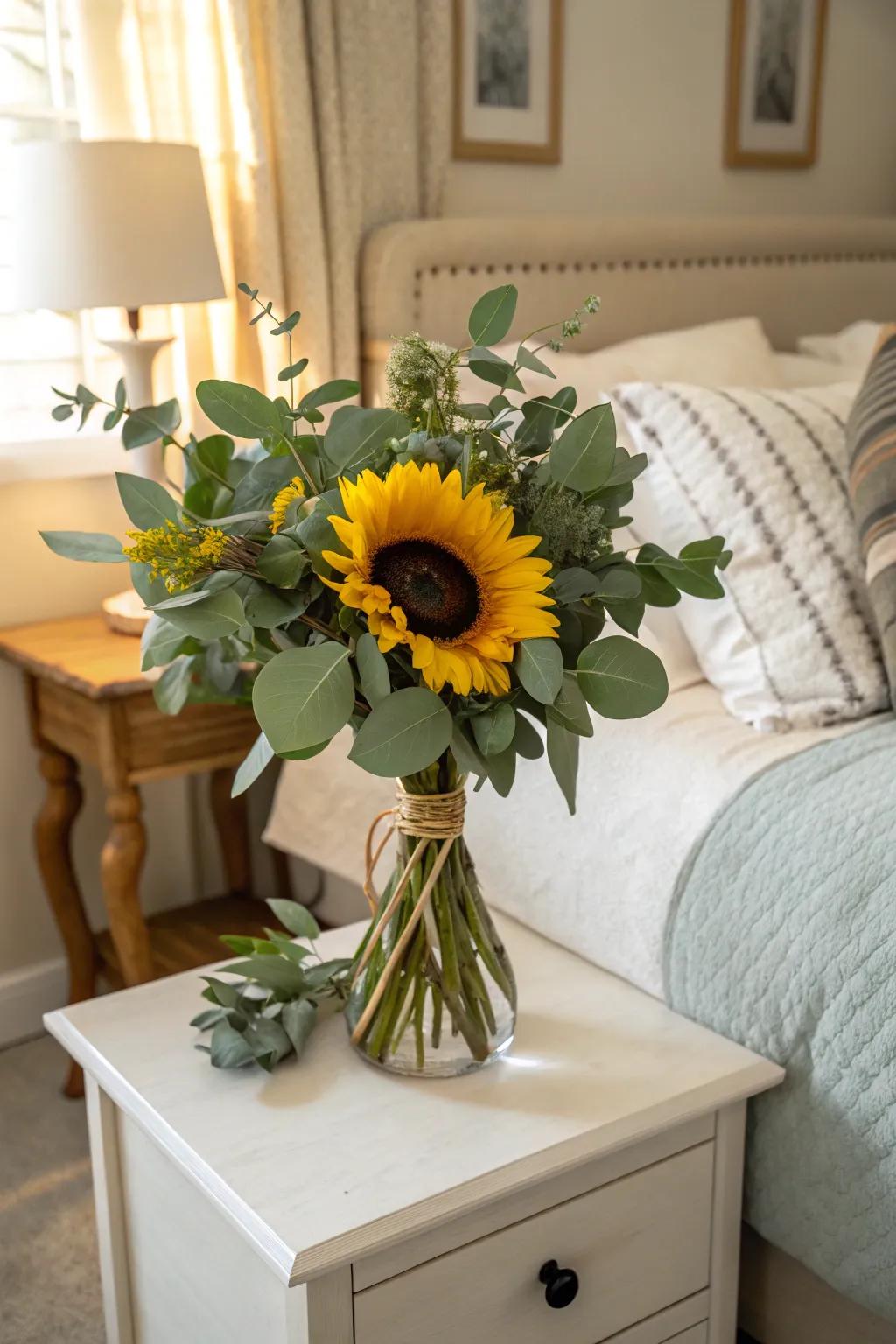 Create a calming environment with sunflowers and eucalyptus.