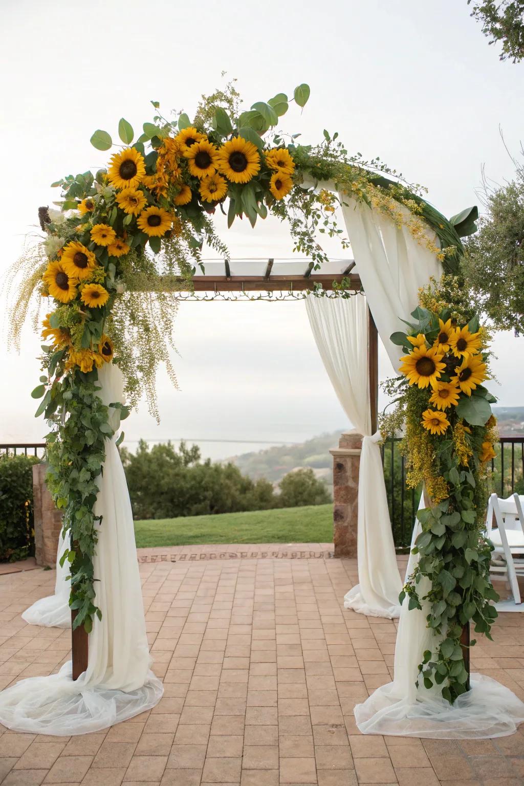 A picturesque wedding arch decorated with sunflowers.