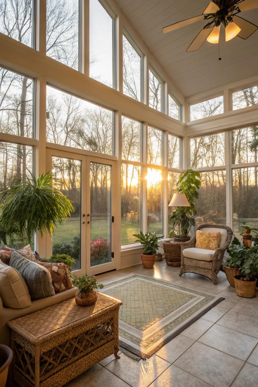 Expansive windows ensure the sunroom is flooded with natural light.