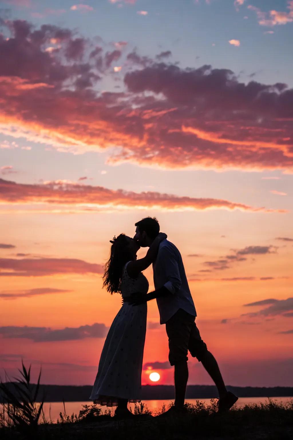 A couple in outline against a vibrant sunset sky.