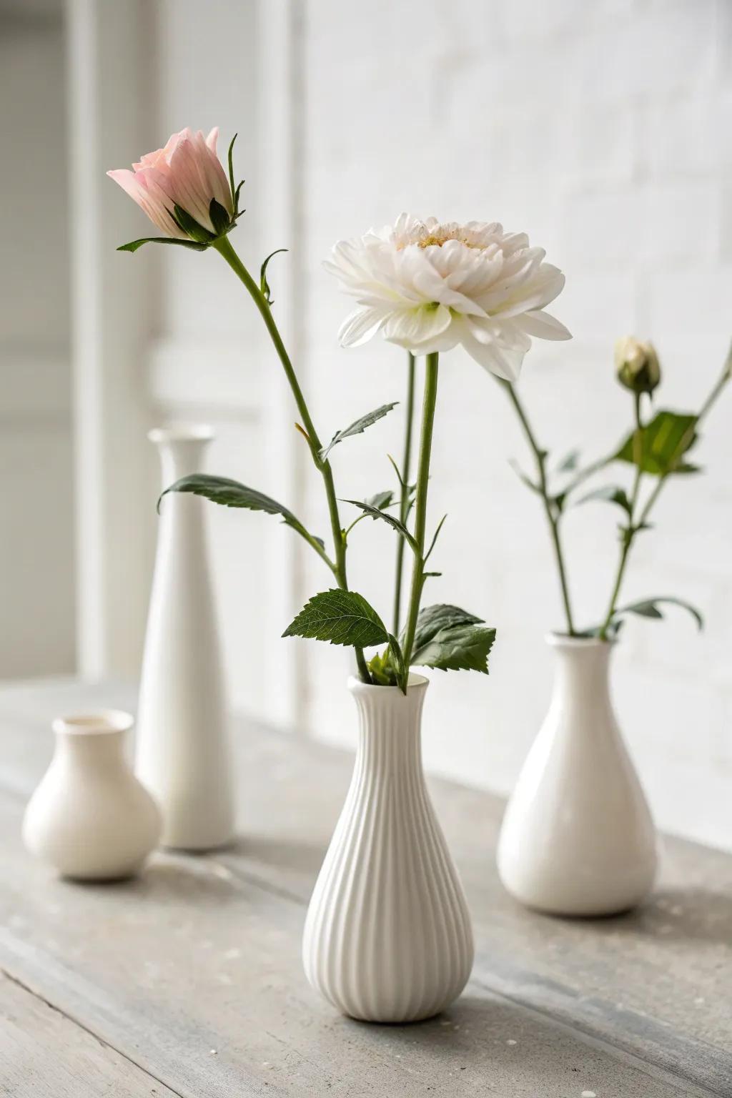 A minimalist centerpiece featuring individual stem flower arrangements.