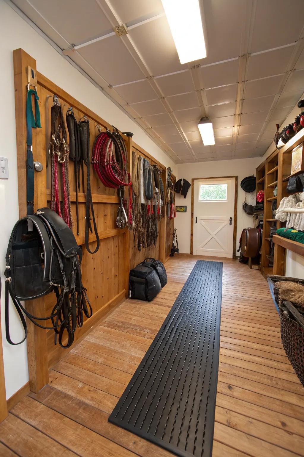 Durable flooring options in a tack room for easy upkeep.
