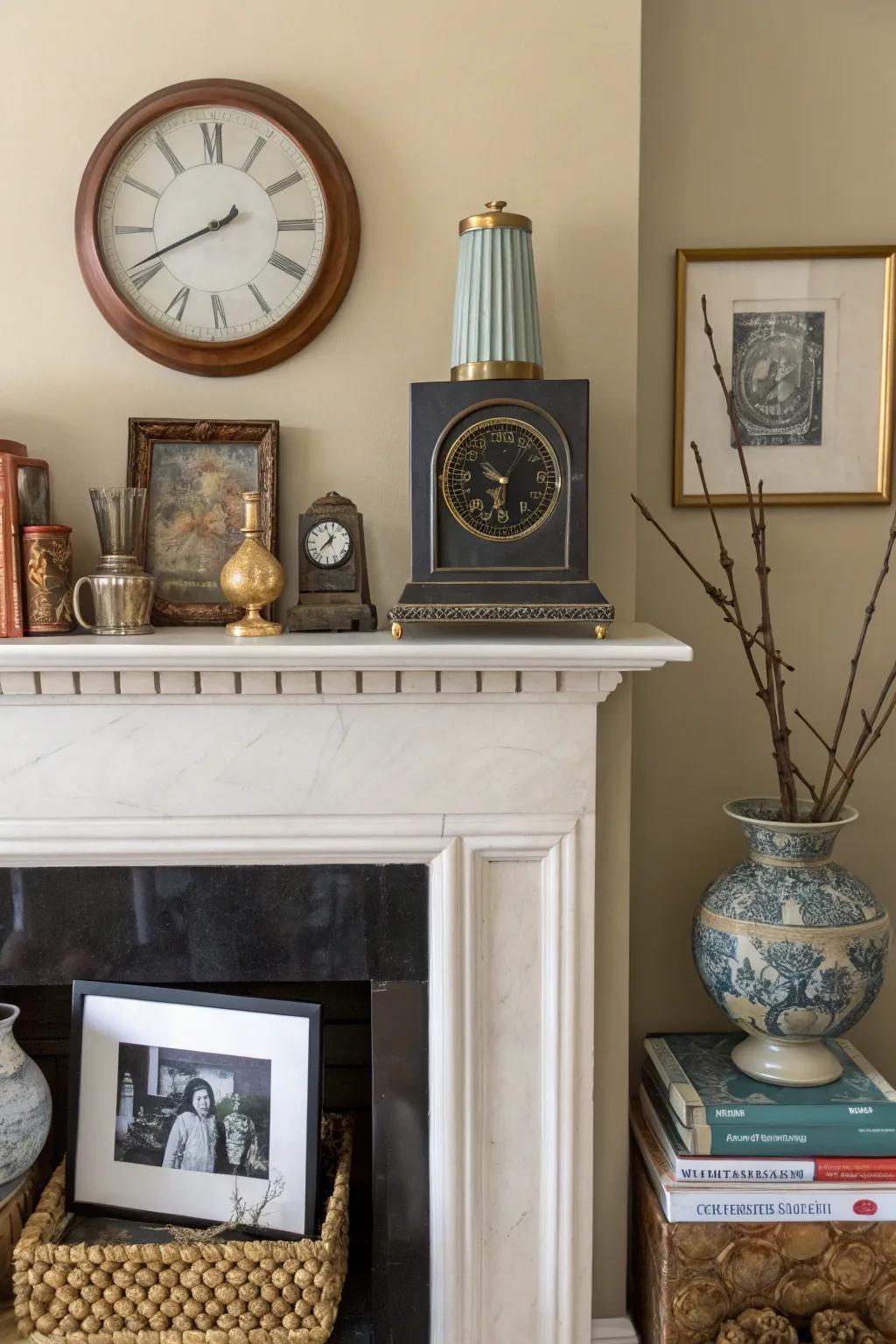 A high mantel showcasing a mix of modern and vintage decor for a varied aesthetic.