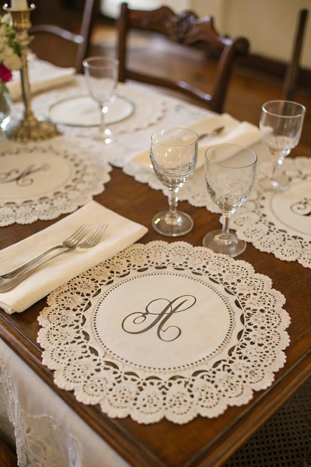 Embroidered cloths contribute vintage charm to any setting.