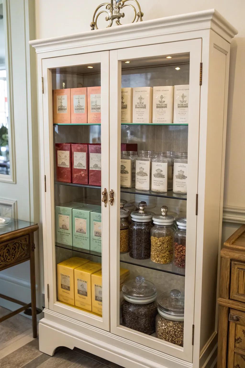 A stylish cabinet exhibiting a tea collection.