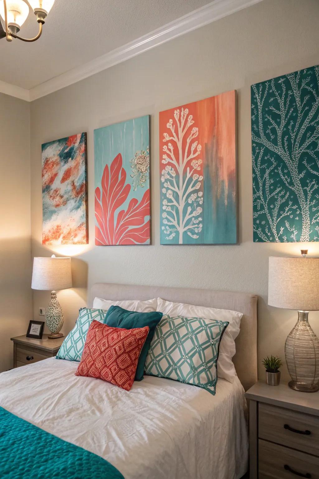 Aqua and peach art pieces creating visual harmony.