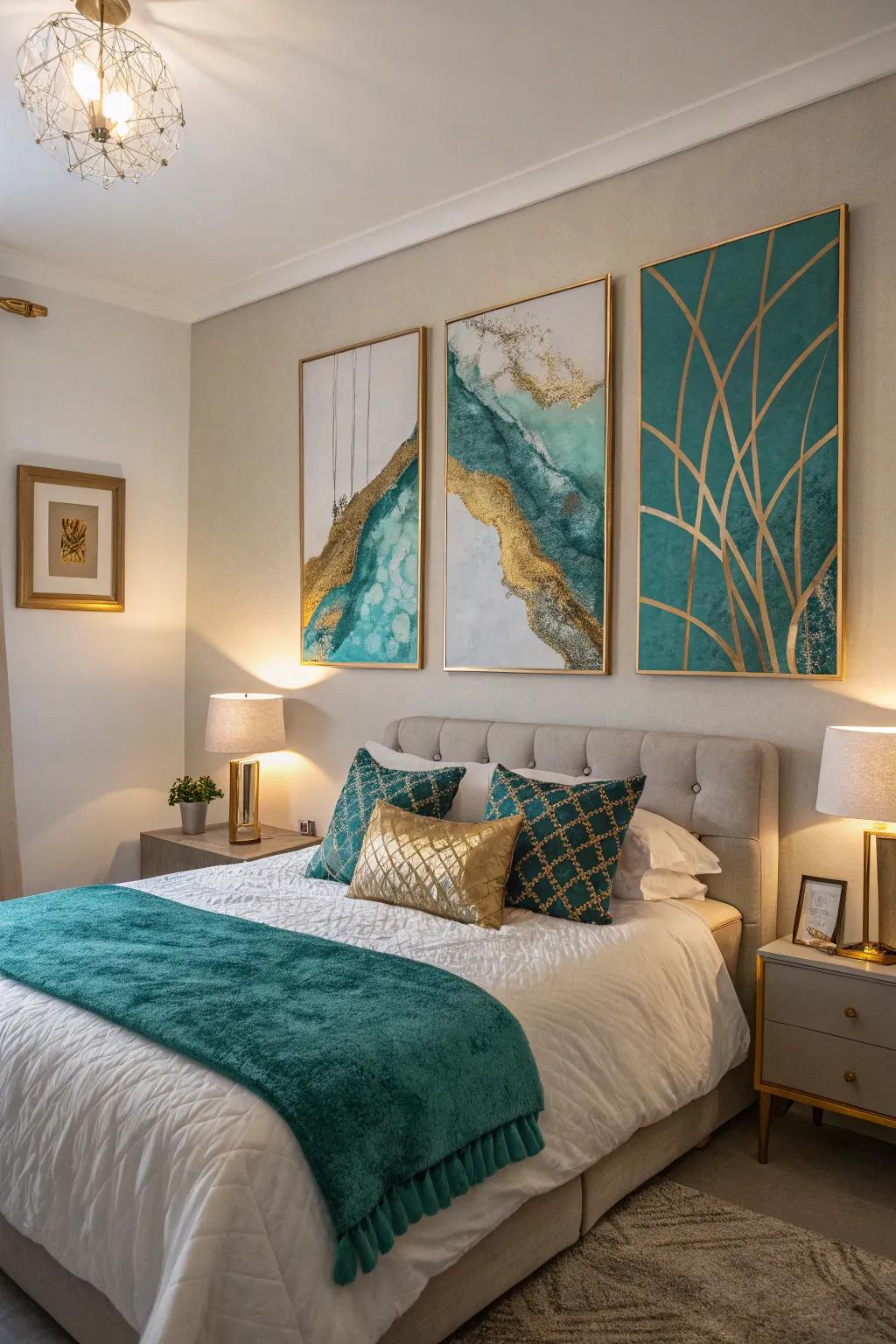 Conceptual artistry in horizon and gilded enhances the creative ambiance of this sleeping quarters.