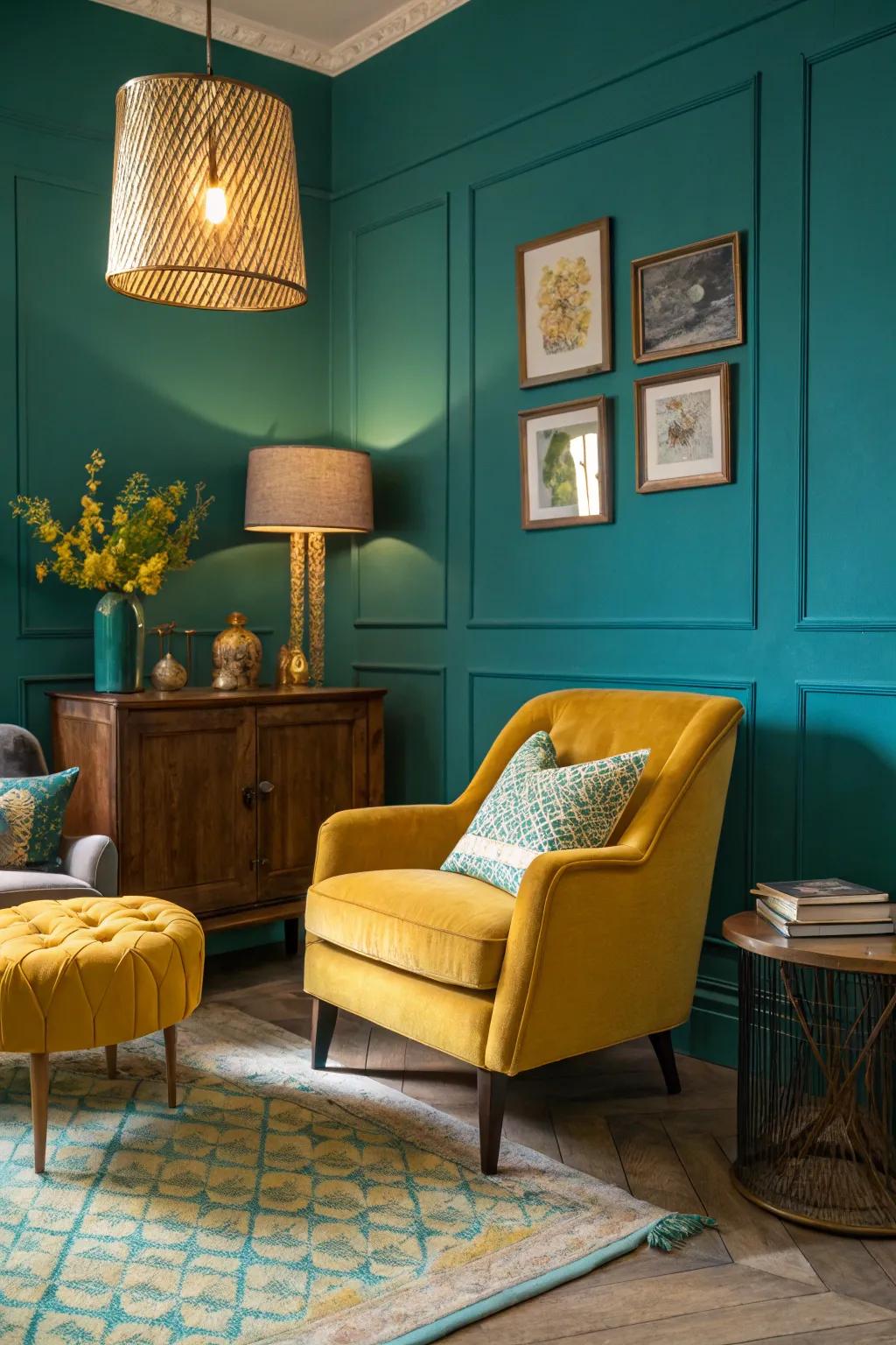 Teal walls teamed with mustard yellow tones to create a dynamic vibe.