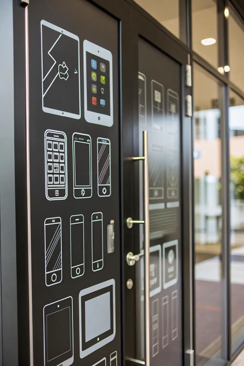 A door design featuring graphic displays of modern gadgets.