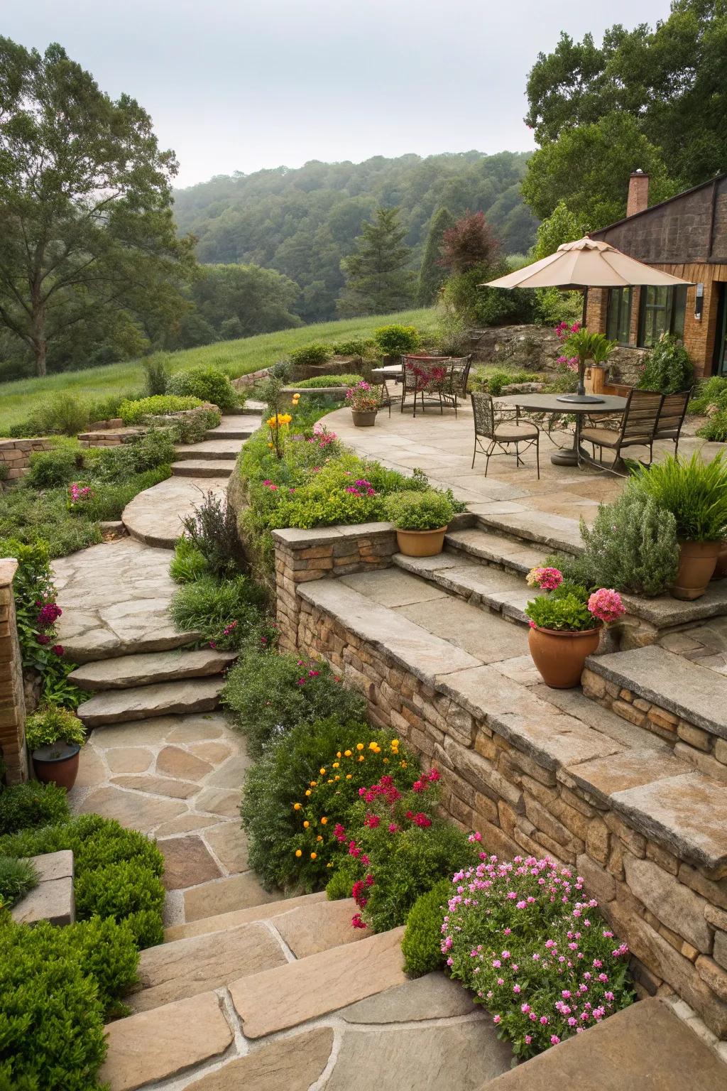 Stone footpaths and patio zones in a terraced garden, providing structure and movement.