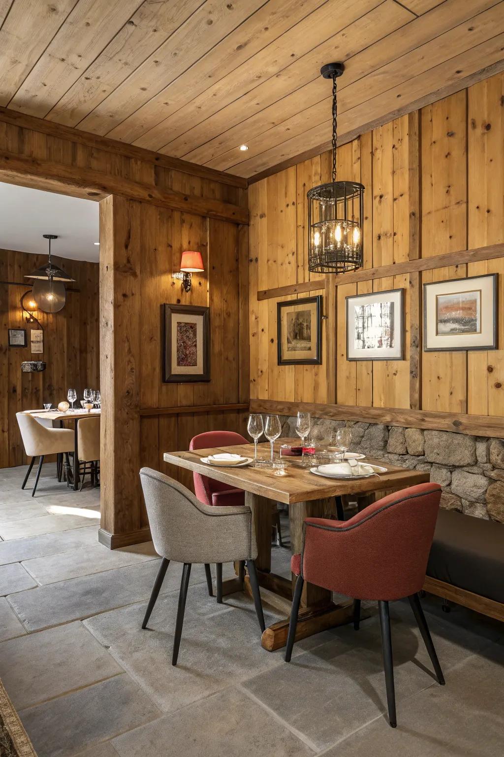 A dining area featuring warm wooden panel walls.