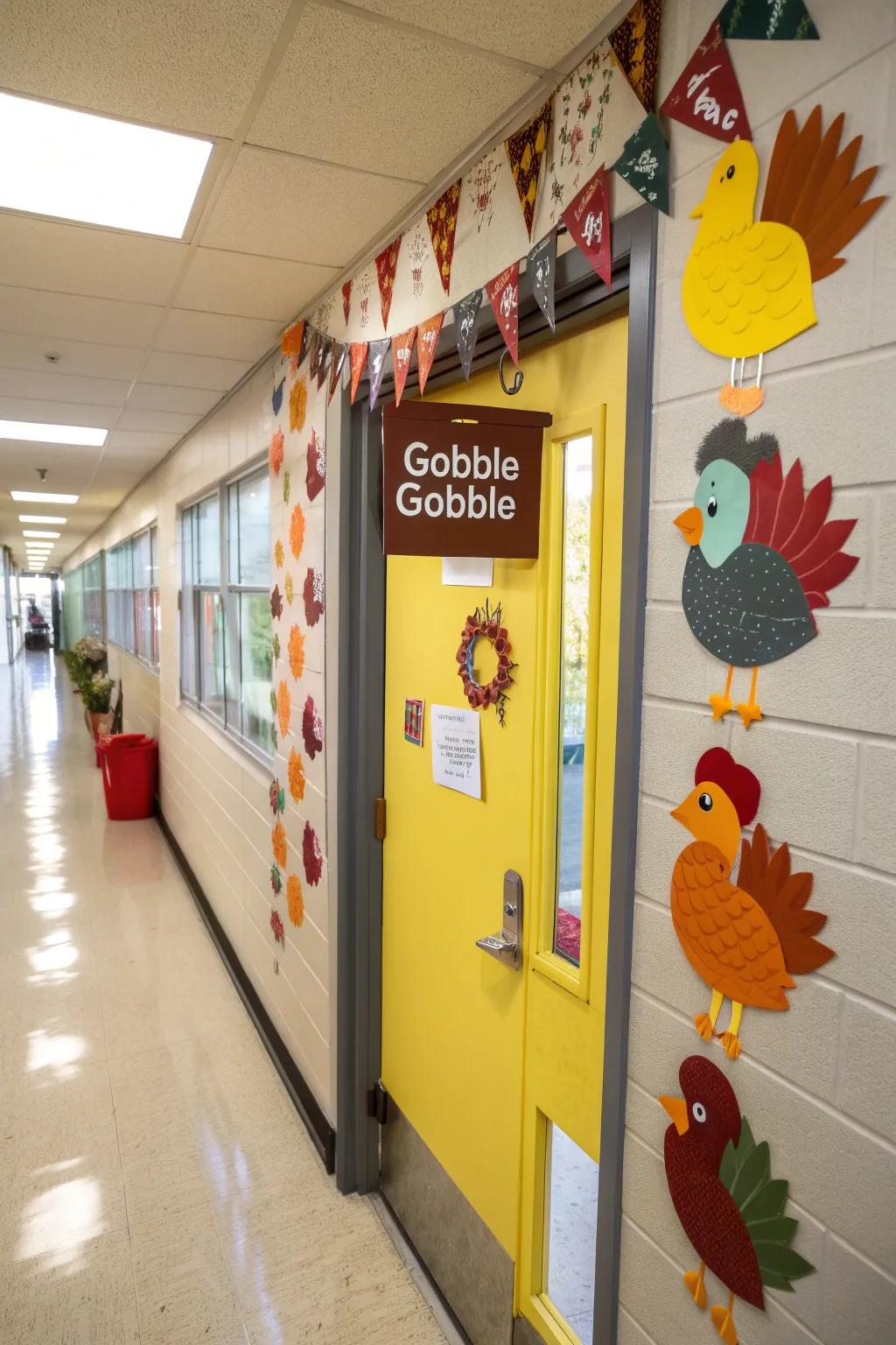A whimsical Gobble Gobble door exhibit featuring spirited turkeys.