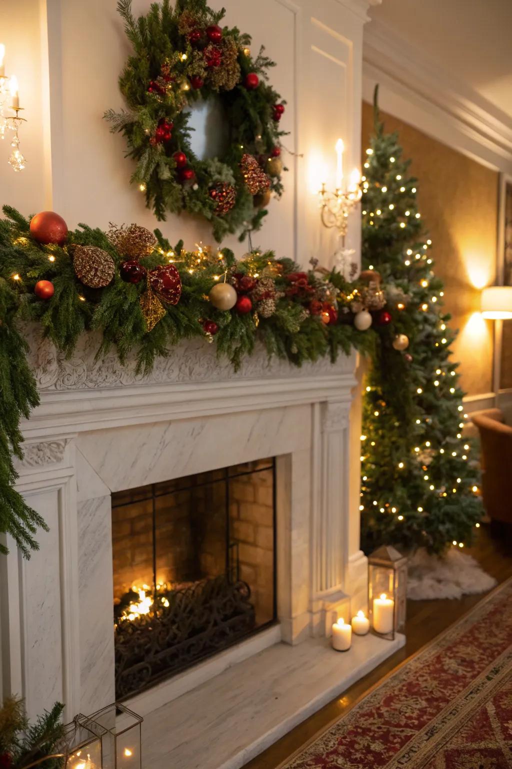 A cozy mantel adorned with garlands and fairy lights.