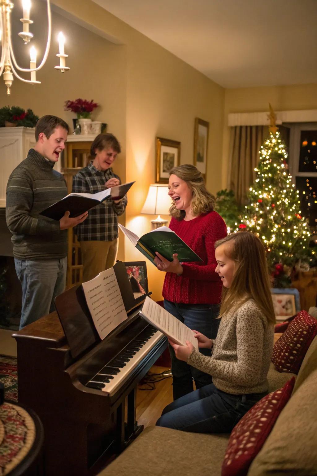 Family harmonizing together with traditional Christmas melodies.