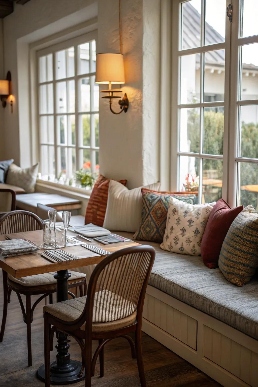 Unexpected charm with accent pillows on dining chairs and a bench.