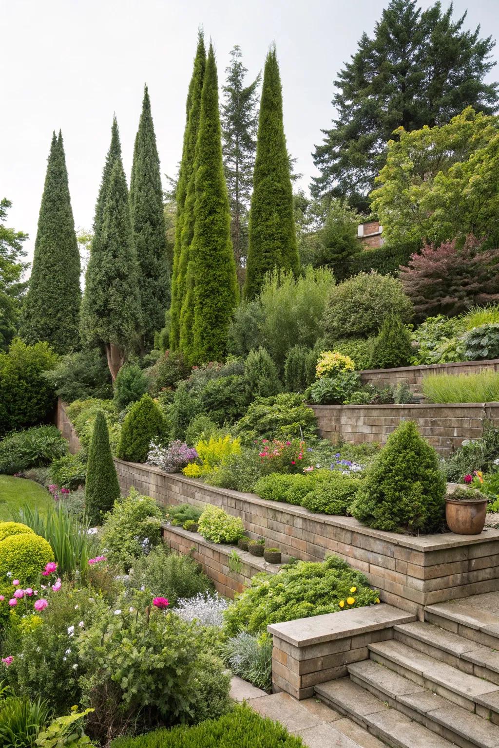 Deepen your garden's view with tiered planting using Arborvitae.