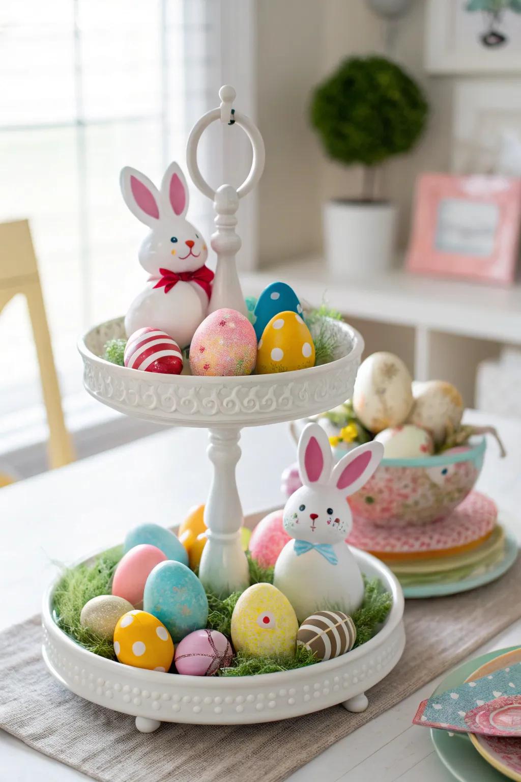 An Easter-themed tiered tray overflowing with joy and color.