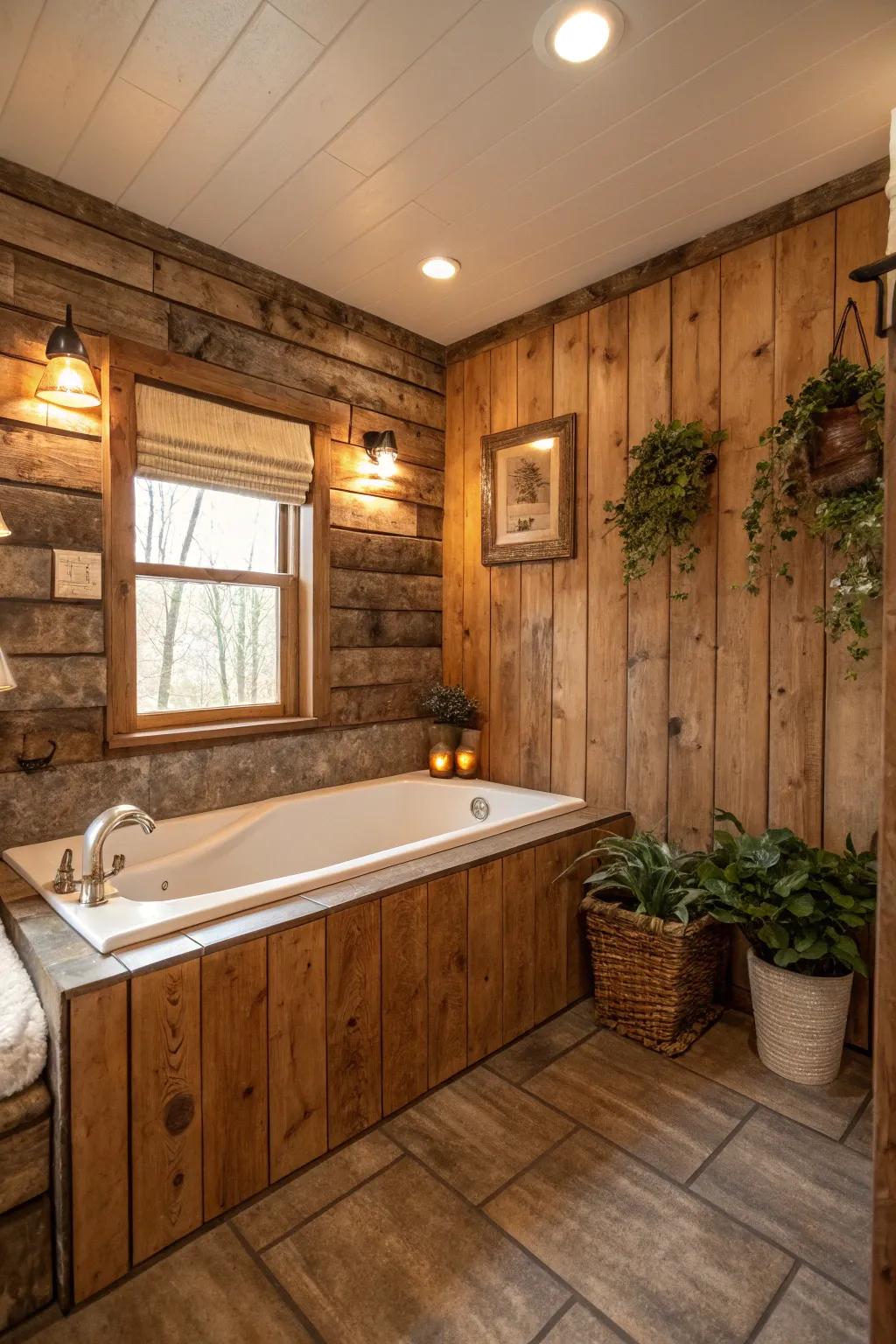 Wood-look tiles provide a rustic appeal with practical function in your bathroom.