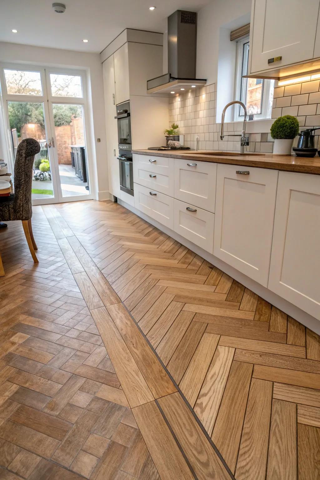 Crisscross tiles gracefully meet timber flooring.