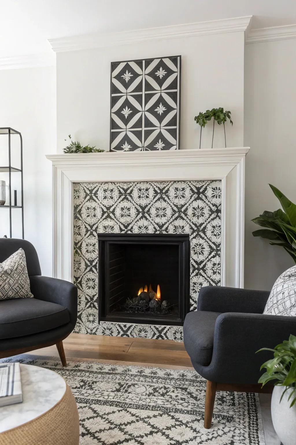 A black and white layout creates a chic and simple fireplace.