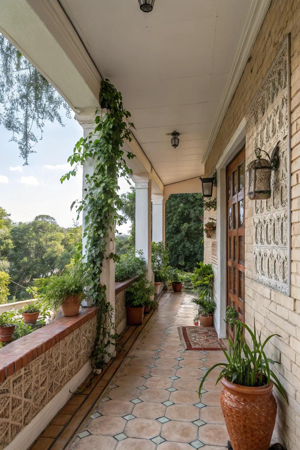A combination of tiles and bricks establishes a dynamic and visually interesting porch design.
